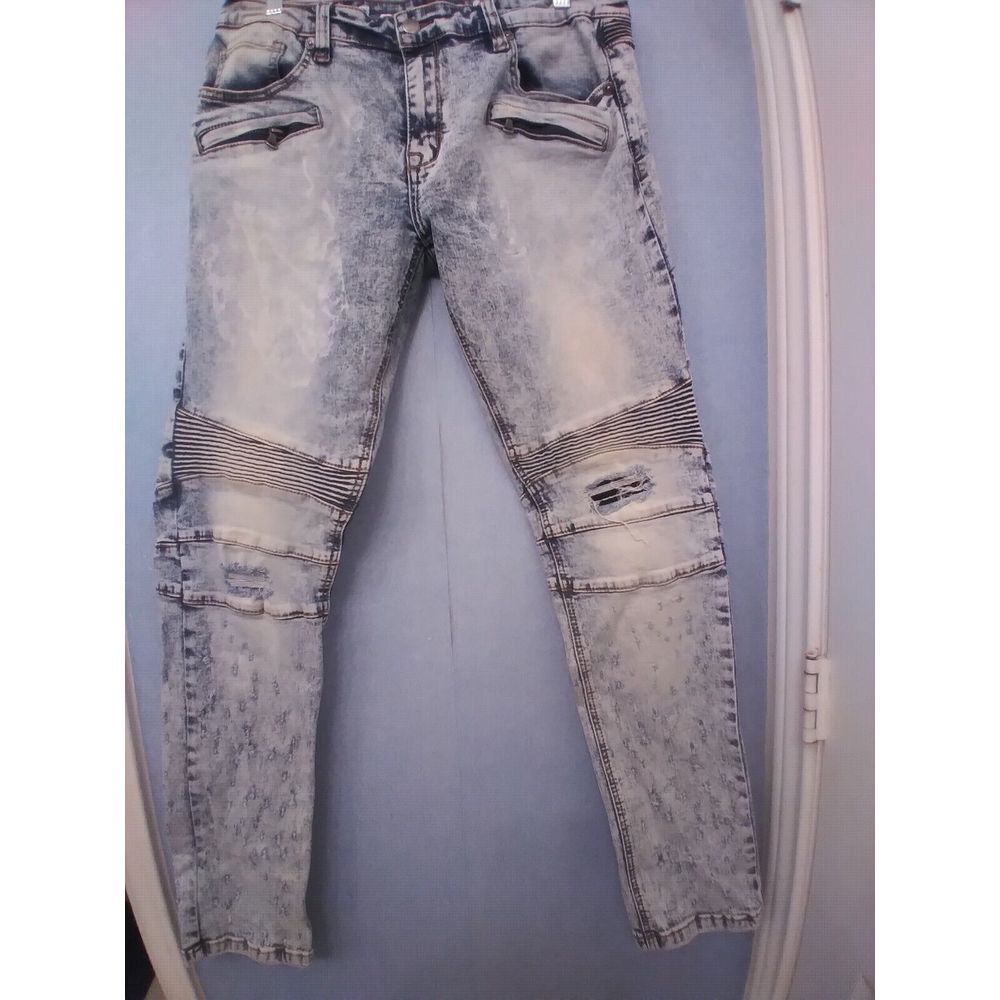 Distressed Biker Jeans Ripped Acid Wash Moto Denim Pants, Men's‎ Size Unknown